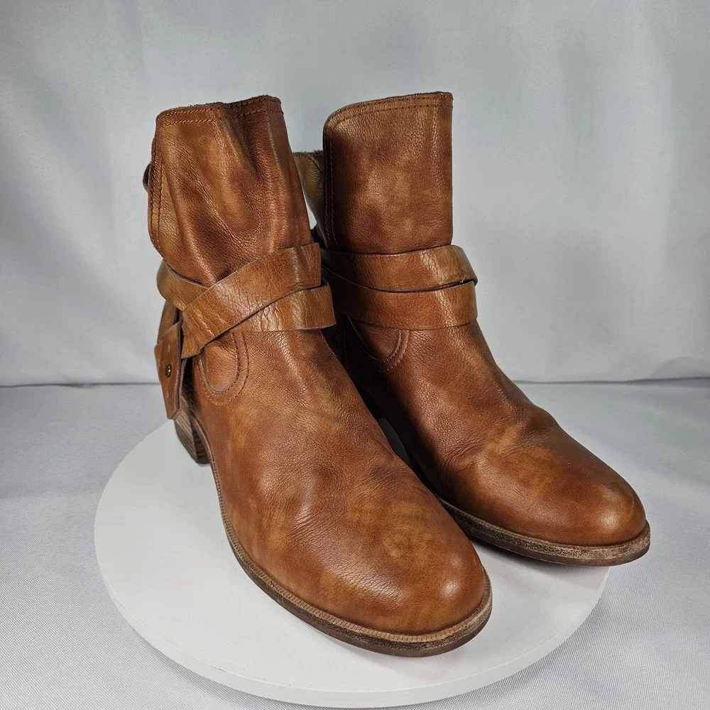 UGG Elora Chestnut Camel Leather Strappy Riding Ankle Boots Women's Sz 10‎